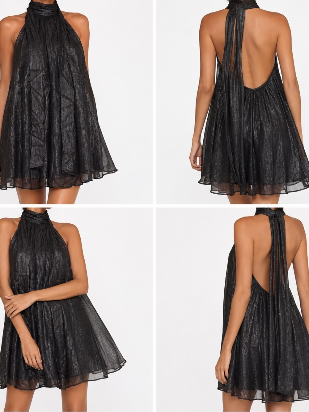 Black Chiffon Romantic Open Back Mini Dress Elegant Flowy High Neck SZ: XS